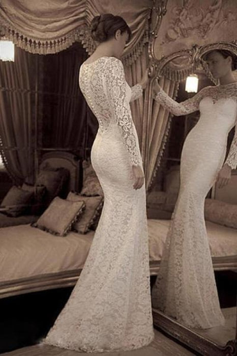 Vintage Ivory Trumpet Sleeves Long Beach Wedding Dress Lace Prom Gown - Prom Dresses