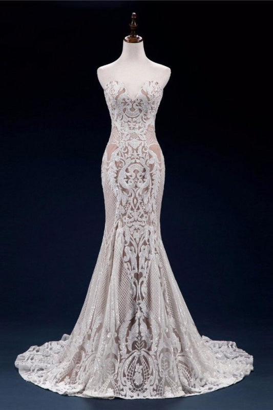 Vintage Lace Tulle Sweetheart Mermaid Wedding Dress - As Picture / Floor Length - Wedding Dresses