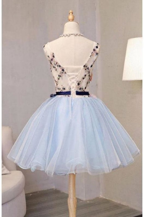 Vintage Light Blue Flower Short Princess Homecoming Party Dresses Mini Dress - Prom Dresses