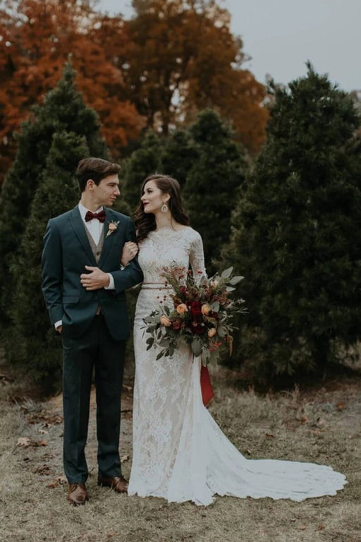 Vintage Long Sleeves Backless Rustic Lace Wedding Dress - Wedding Dresses
