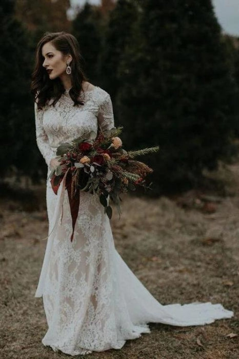 Vintage Long Sleeves Backless Rustic Lace Wedding Dress - Wedding Dresses