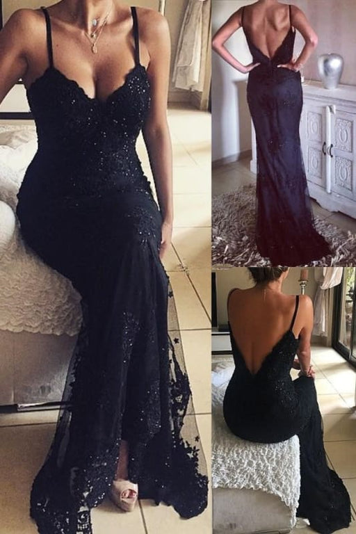 Vintage Mermaid Black Long Beaded Lace Appliques V-Neck Prom Dresses - Prom Dresses