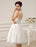 Vintage Spaghetti Straps Backless Satin Short Wedding Dress with Pearls At Waist misshow