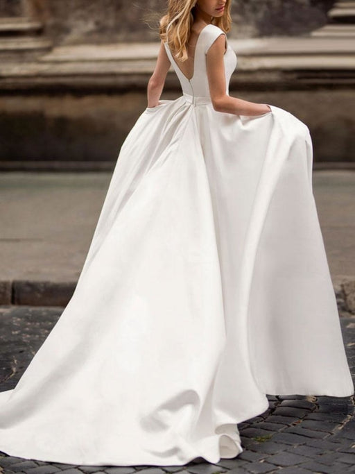 vintage wedding dress 2021 a line bateau neck sleeveless floor length satin bridal gown