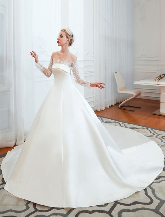 Vintage Wedding Dress 2021 Off The Shoulder Long Sleeve Princess Satin Floor Length Bridal Gowns With Train