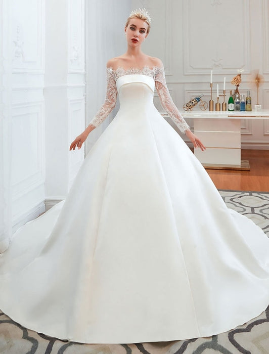 Vintage Wedding Dress 2021 Off The Shoulder Long Sleeve Princess Satin Floor Length Bridal Gowns With Train