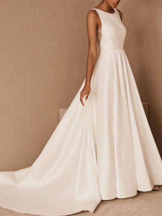 VIntage Wedding Dress Jewel Neck Sleeveless Natural Waist Floor Length Backless Matte Satin Cathedral Train Bridal Dress