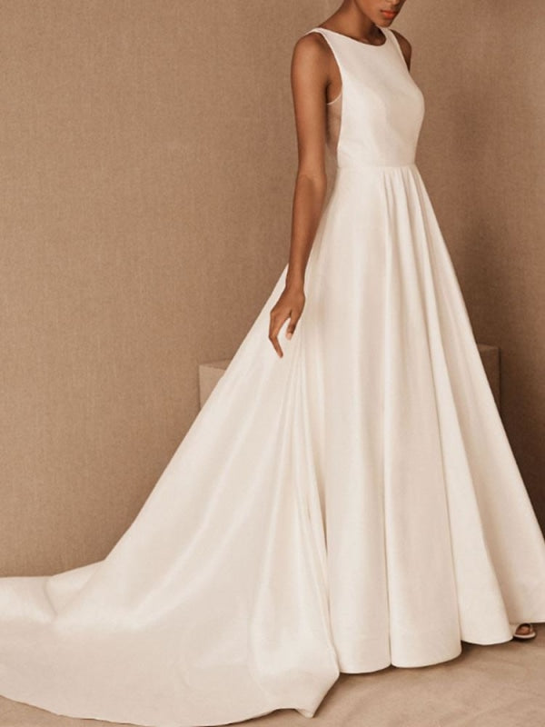 VIntage Wedding Dress Jewel Neck Sleeveless Natural Waist Floor Length Backless Matte Satin Cathedral Train Bridal Dress