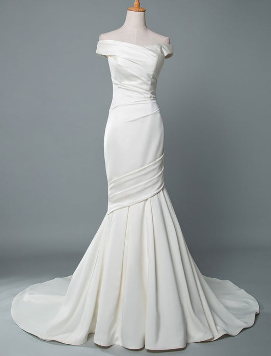 VIntage Wedding Dress Mermaid Off The Shoulder Sleeveless Pleated Satin Fabric With Train Traditional Dresses For Bride