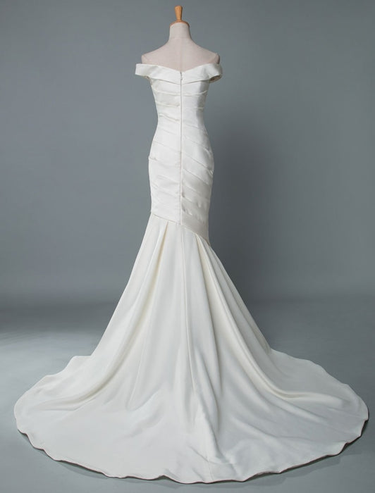 VIntage Wedding Dress Mermaid Off The Shoulder Sleeveless Pleated Satin Fabric With Train Traditional Dresses For Bride