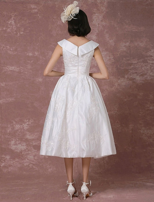 Vintage Wedding Dress Satin Short Bridal Gown Lace Beading Tea Length Reception Bridal Dress Detachable Bow Sash misshow