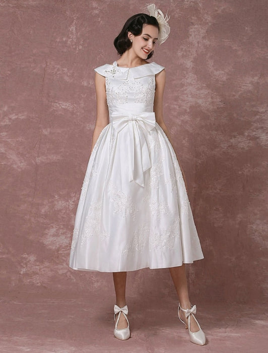 Vintage Wedding Dress Satin Short Bridal Gown Lace Beading Tea Length Reception Bridal Dress Detachable Bow Sash misshow