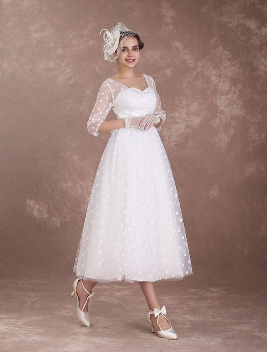 Vintage Wedding Dress Short 1950's Bridal Dresses Ivory Long Sleeve Open Back Polka Dot Ribbon Sash Wedding Reception Dress misshow