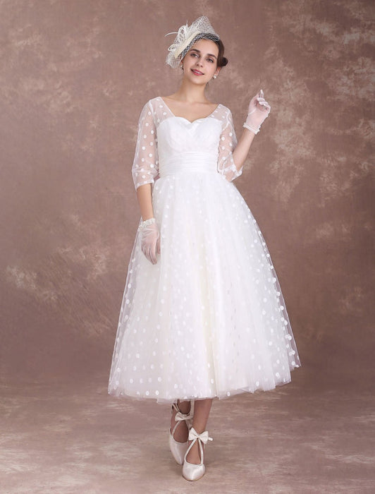 Vintage Wedding Dress Short 1950's Bridal Dresses Ivory Long Sleeve Open Back Polka Dot Ribbon Sash Wedding Reception Dress misshow