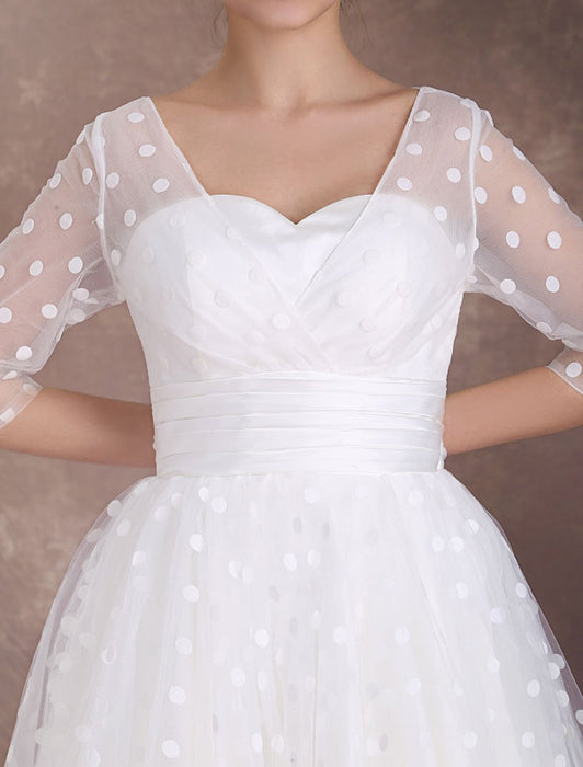 Vintage Wedding Dress Short 1950's Bridal Dresses Ivory Long Sleeve Open Back Polka Dot Ribbon Sash Wedding Reception Dress misshow