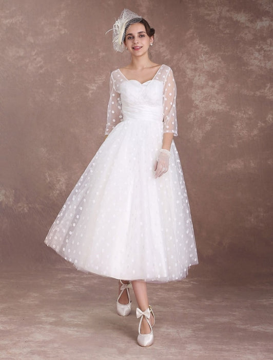 Vintage Wedding Dress Short 1950's Bridal Dresses Ivory Long Sleeve Open Back Polka Dot Ribbon Sash Wedding Reception Dress misshow