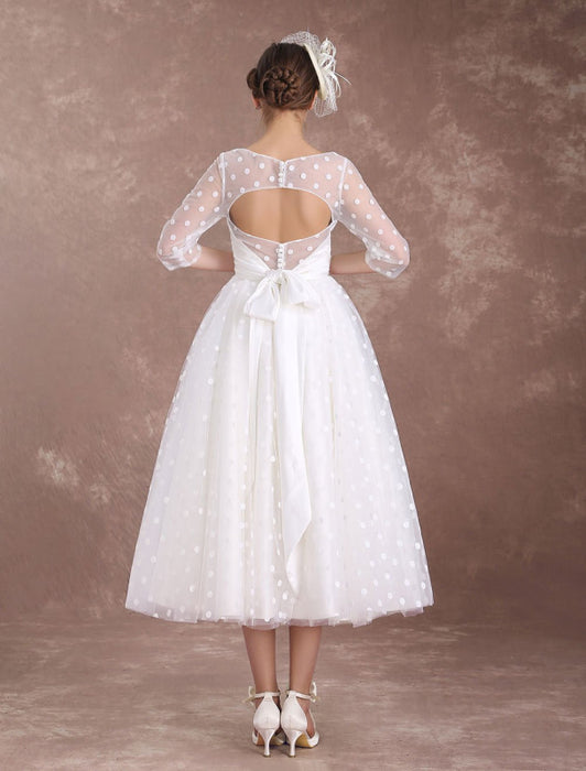 Vintage Wedding Dress Short 1950's Bridal Dresses Ivory Long Sleeve Open Back Polka Dot Ribbon Sash Wedding Reception Dress misshow