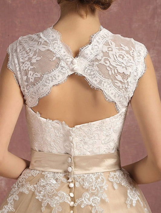 Vintage Wedding Dress Short Champagne Lace Applique Bridal Gown Queen Anne Neck Keyhole Bridal Dress Tea Length misshow