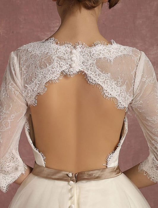 Short Lace Tulle Tea Length Wedding Dress Half Sleeve-Bridelily Short Lace Tulle Tea Length Wedding Dress Half Sleeve-Bridelily