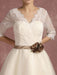 Vintage Wedding Dress Short Lace Tulle Bridal Dress Half Sleeve V Neck Backless A Line Flower Sash Tea Length Bridal Gown misshow