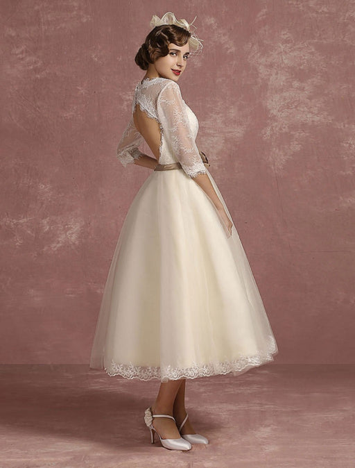 Short Lace Tulle Tea Length Wedding Dress Half Sleeve-Bridelily Short Lace Tulle Tea Length Wedding Dress Half Sleeve-Bridelily