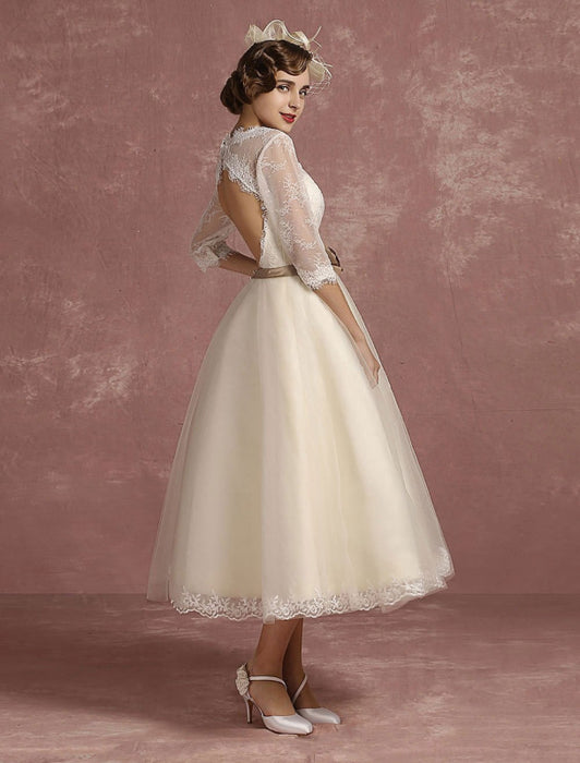 Short Lace Tulle Tea Length Wedding Dress Half Sleeve-Bridelily Short Lace Tulle Tea Length Wedding Dress Half Sleeve-Bridelily