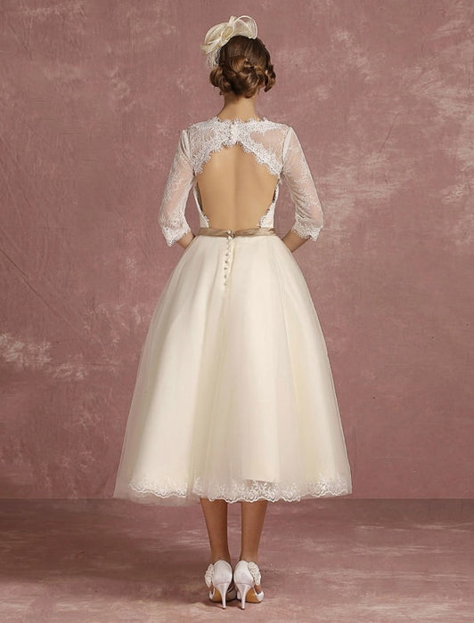 Vintage Wedding Dress Short Lace Tulle Bridal Dress Half Sleeve V Neck Backless A Line Flower Sash Tea Length Bridal Gown misshow