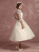 Vintage Wedding Dress Short Lace Tulle Bridal Dress Half Sleeve V Neck Backless A Line Flower Sash Tea Length Bridal Gown misshow