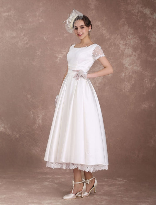Vintage Wedding Dress Short Sleeve 1950's Bridal Dress Backless Polka Dot Lace Trim Ivory Wedding Reception Dress misshow