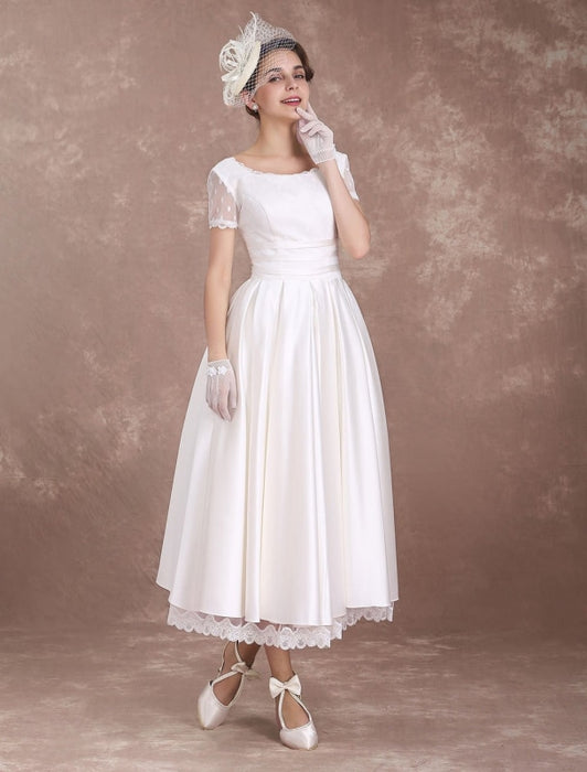 Vintage Wedding Dress Short Sleeve 1950's Bridal Dress Backless Polka Dot Lace Trim Ivory Wedding Reception Dress misshow