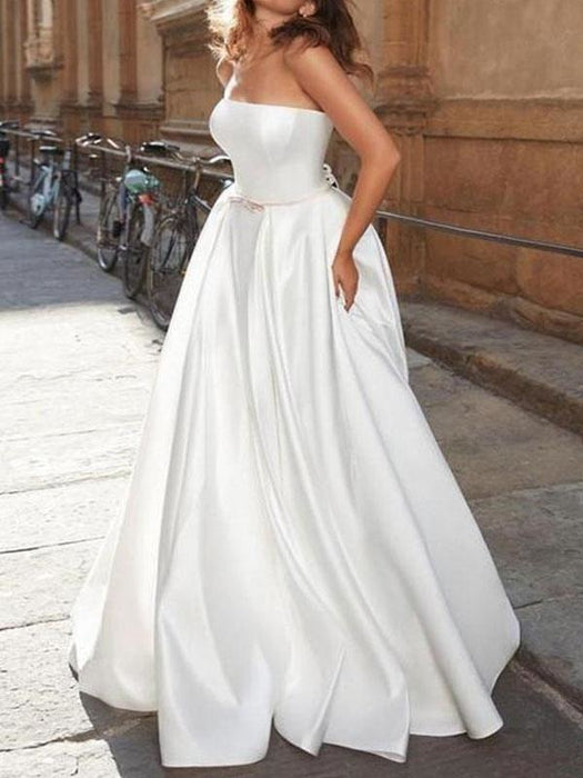 Vintage Wedding Dress Strapless Sleeveless Natural Waist Satin Fabric Floor Length Bows Traditional Dresses For Bride