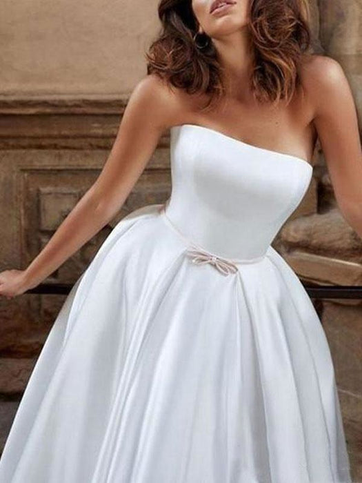 Vintage Wedding Dress Strapless Sleeveless Natural Waist Satin Fabric Floor Length Bows Traditional Dresses For Bride