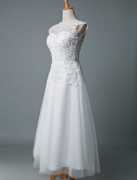 Vintage Wedding Dress Tea Length Jewel Neck Sleeveless A Line Natural Waist Tulle Short Bridal Dress
