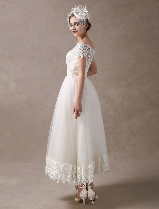Vintage Wedding Dress Off Shoulder Ivory Lace Ankle Length Bridal Gown - Bridelily Vintage Wedding Dress Off Shoulder Ivory Lace Ankle Length Bridal Gown - Bridelily