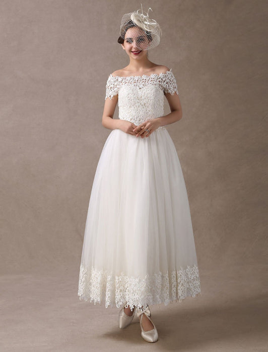 Vintage Wedding Dress Off Shoulder Ivory Lace Ankle Length Bridal Gown - Bridelily Vintage Wedding Dress Off Shoulder Ivory Lace Ankle Length Bridal Gown - Bridelily