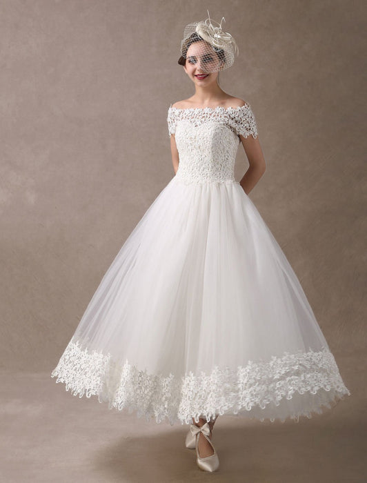 Vintage Wedding Dress Off Shoulder Ivory Lace Ankle Length Bridal Gown - Bridelily Vintage Wedding Dress Off Shoulder Ivory Lace Ankle Length Bridal Gown - Bridelily