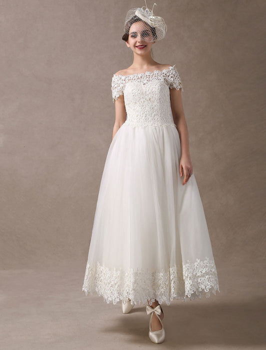 Vintage Wedding Dress Off Shoulder Ivory Lace Ankle Length Bridal Gown - Bridelily Vintage Wedding Dress Off Shoulder Ivory Lace Ankle Length Bridal Gown - Bridelily