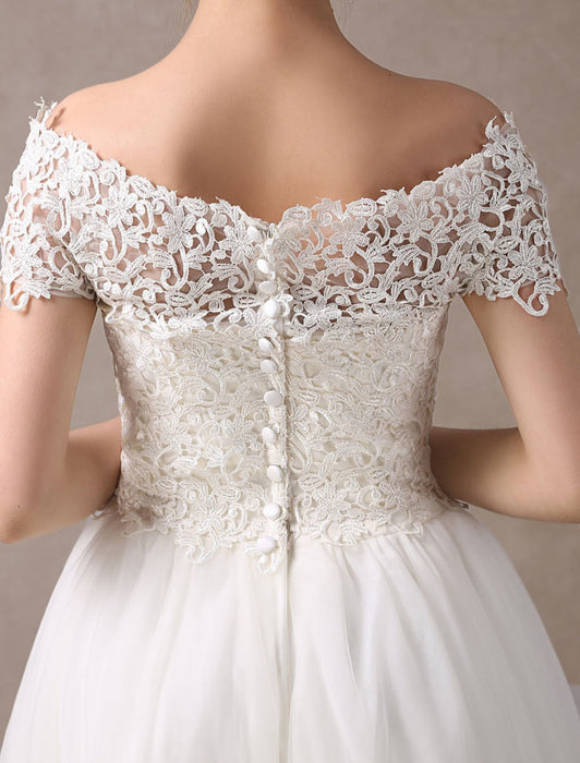 Vintage Wedding Dress Off Shoulder Ivory Lace Ankle Length Bridal Gown - Bridelily Vintage Wedding Dress Off Shoulder Ivory Lace Ankle Length Bridal Gown - Bridelily