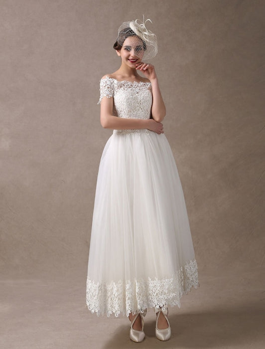 Vintage Wedding Dresses 1950s  Off The Shoulder Ivory Lace Short Sleeve Ankle Length Bridal Dress
