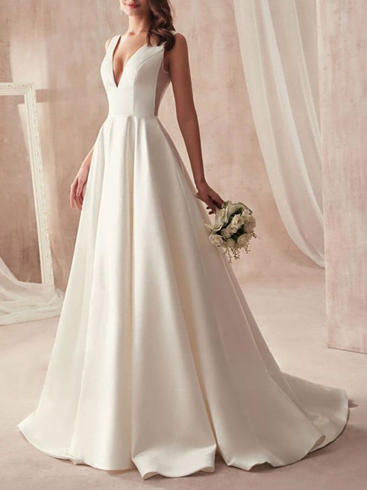 vintage wedding dresses 2021 a line v neck sleeveless floor length pleat bridal gowns with train