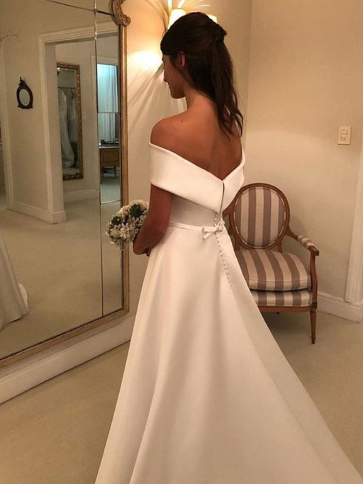 vintage wedding dresses 2021 off the shoulder short sleeve a line satin traditional bridal gowns with sweep train