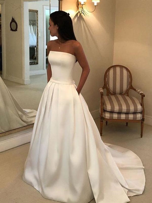 Vintage Wedding Dresses 2021 Satin Strapless A Line floor length Classic Bridal Gown With Train