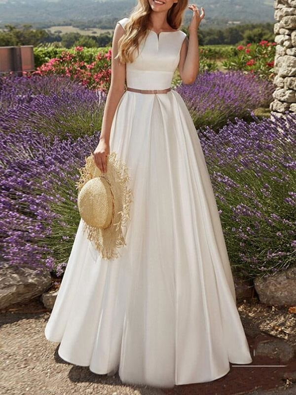 Vintage Wedding Dresses Floor Length Designed Neckline Sleeveless Sash Satin Fabric Bridal Gowns