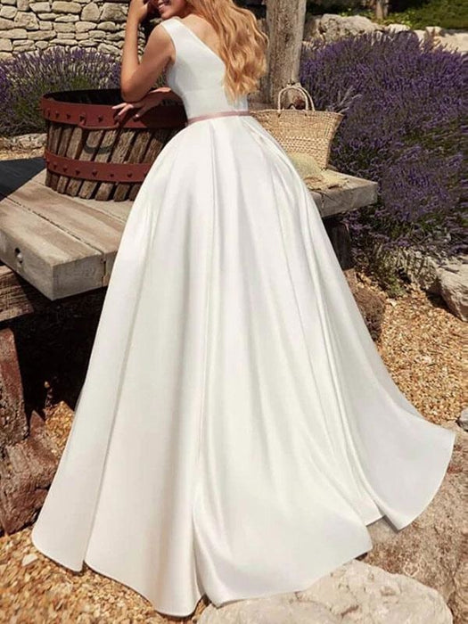 Vintage Wedding Dresses Floor Length Designed Neckline Sleeveless Sash Satin Fabric Bridal Gowns