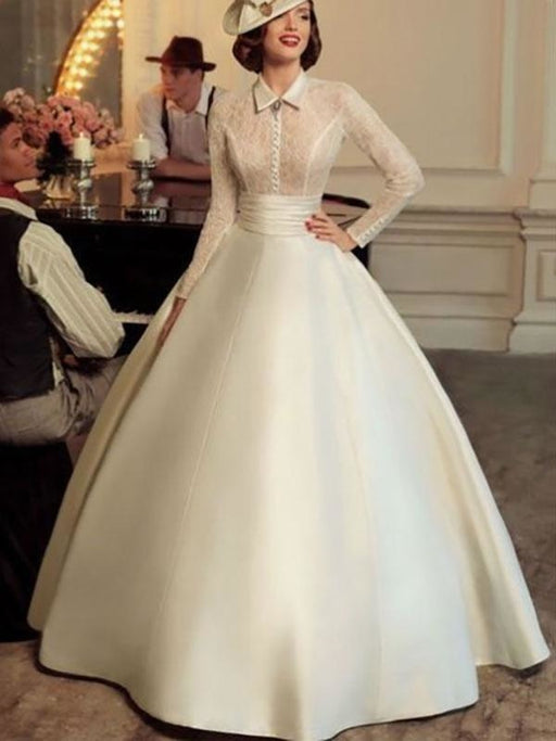 Vintage Wedding Dresses Halter Long Sleeves Natural Waist Satin Fabric Floor Length Lace Traditional Dresses For Bride