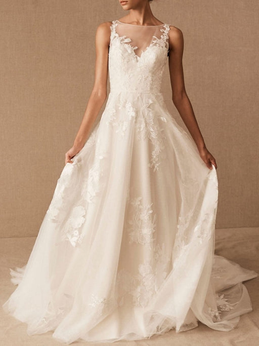 Vintage Wedding Dresses Jewel Neck Sleeveless Raised Waist Satin Fabric With Train Applique Bridal Dress
