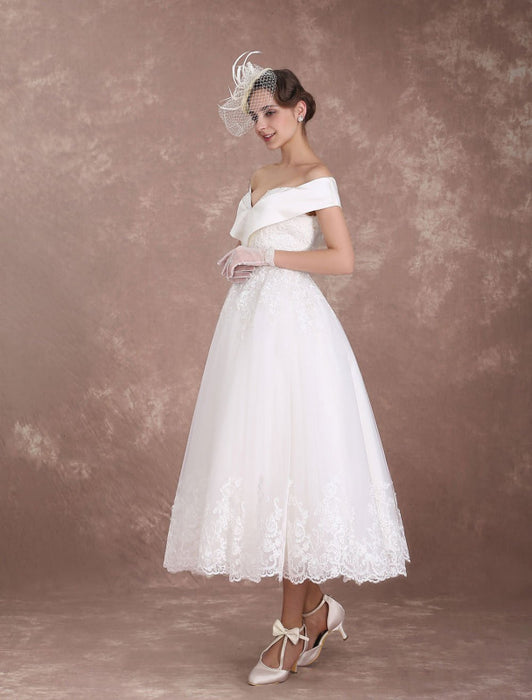 Vintage Wedding Dresses Off The Shoulder Short Bridal Dress 1950's Lace Applique Beaded Tea Length Wedding Reception Dress misshow — Bridelily Vintage Wedding Dresses Off The Shoulder Short Bridal Dress 1950's Lace Applique Beaded Tea Length Wedding Reception Dress misshow — Bridelily