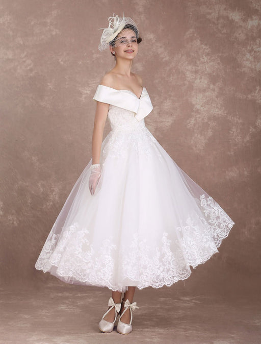 Vintage Wedding Dresses Off The Shoulder Short Bridal Dress 1950's Lace Applique Beaded Tea Length Wedding Reception Dress misshow Bridelily Vintage Wedding Dresses Off The Shoulder Short Bridal Dress 1950's Lace Applique Beaded Tea Length Wedding Reception Dress misshow Bridelily