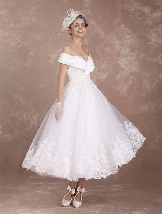 Vintage Wedding Dresses Off The Shoulder Short Bridal Dress 1950's Lace  Applique Beaded Tea Length Wedding Reception Dress misshow — Bridelily