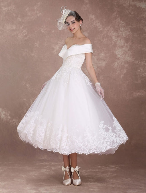 Vintage Wedding Dresses Off The Shoulder Short Bridal Dress 1950's Lace Applique Beaded  Tea Length Wedding Reception Dress misshow